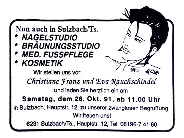 Zeitungsanzeige ehemaliges Ladengeschäft in Sulzbach a. Ts. 1991